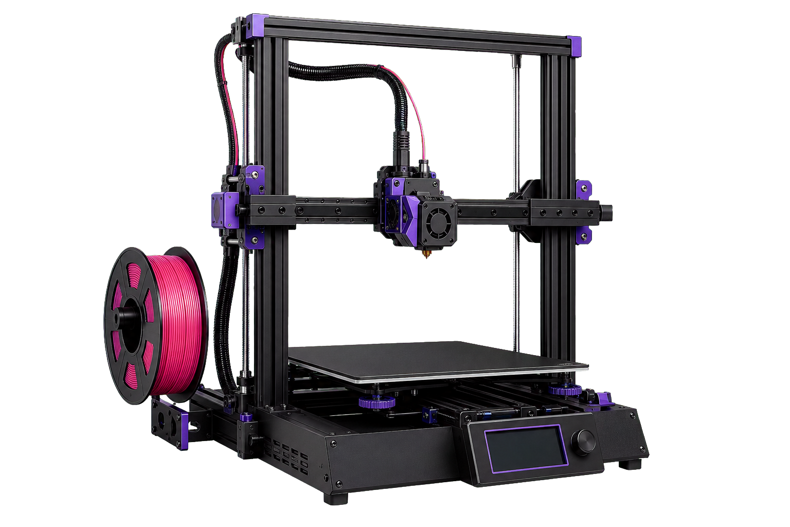 Modern open-frame 3D printer working with pink filament